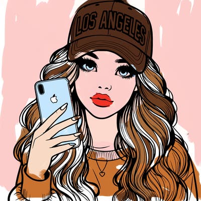 realistic beautiful girl wearing los ángeles cap holding an iphone