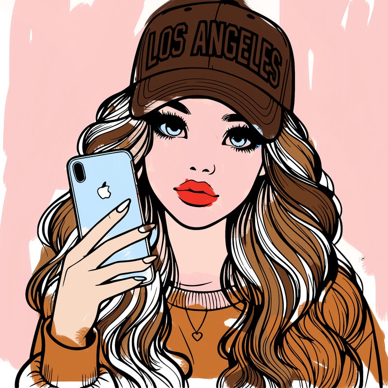 realistic beautiful girl wearing los ángeles cap holding an iphone