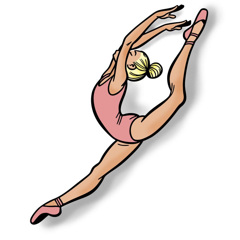 gymnast doing a leap in a leotard with a bent back leg