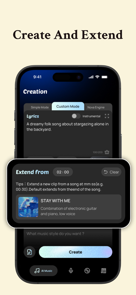 A mobile screen showing the create and extend feature of MusicLab with custom mode text prompts and song extension options.