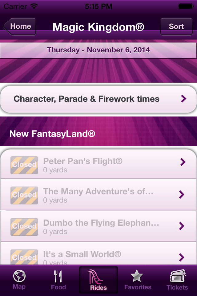 Screenshot of the Magic Kingdom ride status page showing closed attractions in New Fantasyland