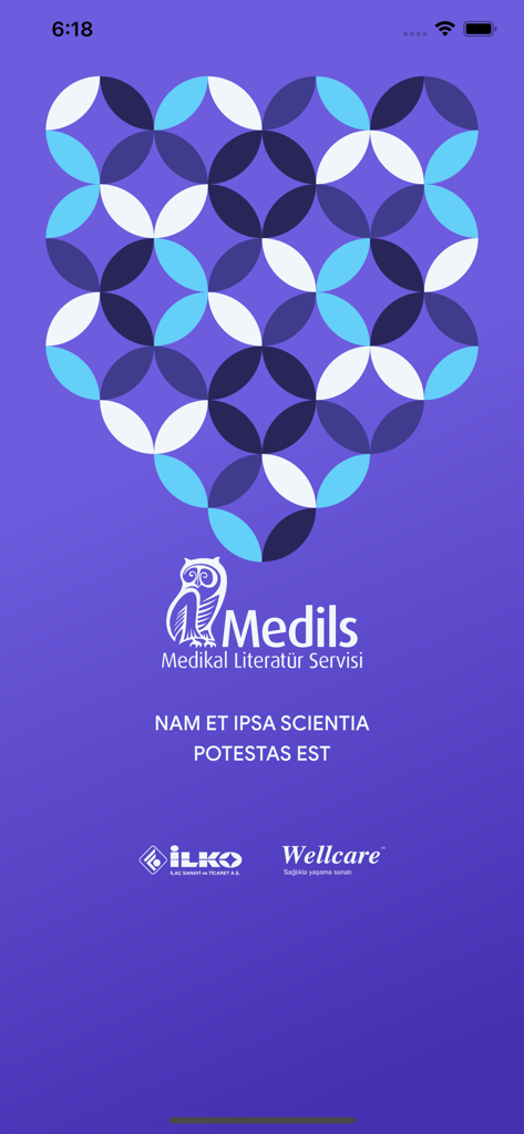 Medils - Medils app splash screen featuring an owl logo and medical literature service title on a purple background