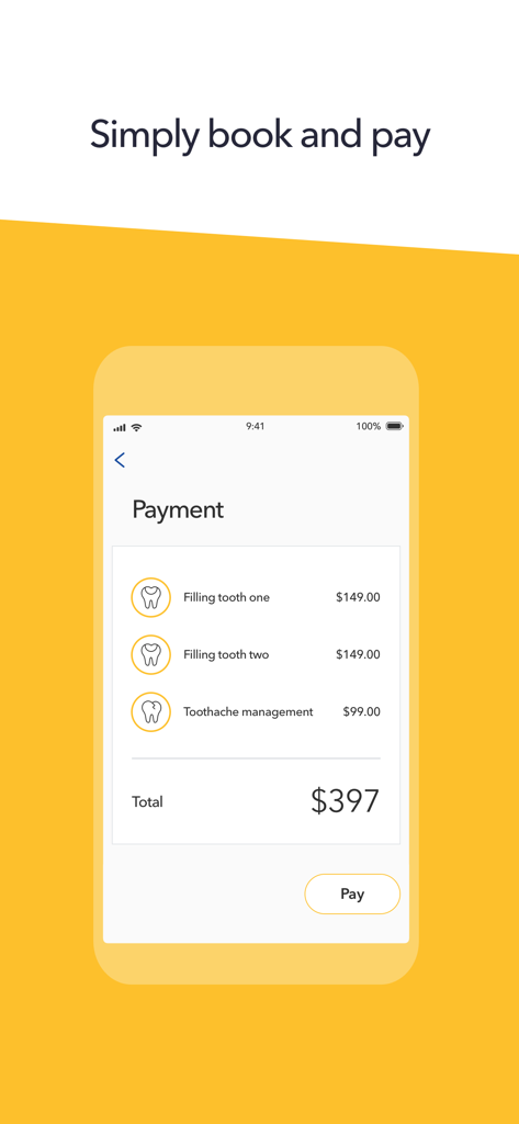 Dental 99 app payment screen with transparent pricing for dental treatments