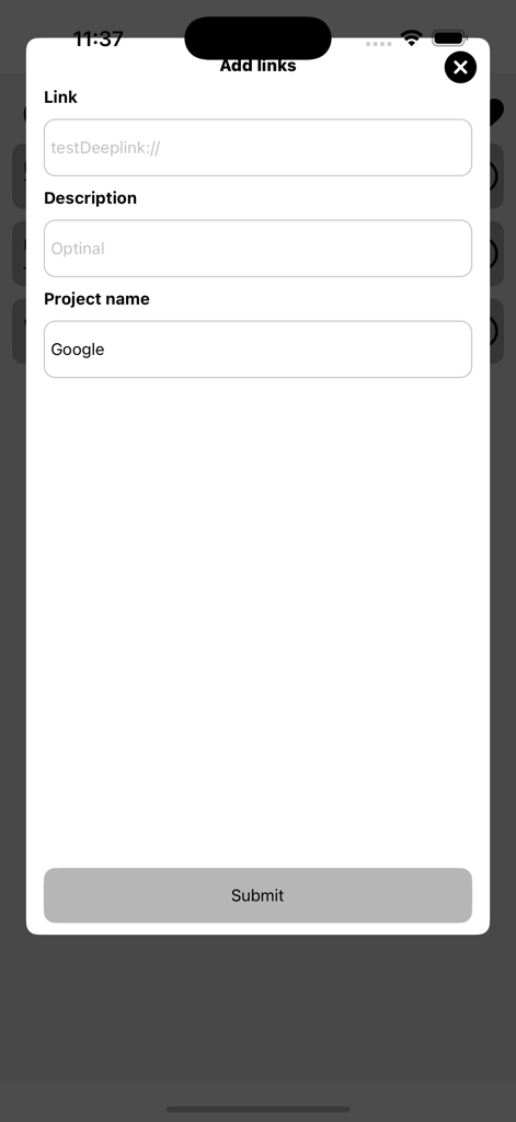 Form to add a new deep link with input fields for URL description and project name