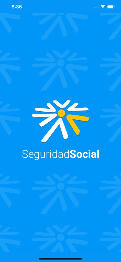 Tela de apresentação do aplicativo Seg-Social Seguridad Social com o logotipo oficial em um fundo azul