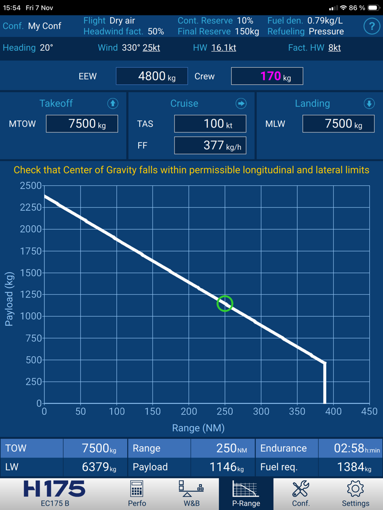 H175 Flight Perfo - Aplicación Airbus H175 Flight Perfo que muestra el gráfico de rendimiento de carga de pago y alcance del helicóptero.