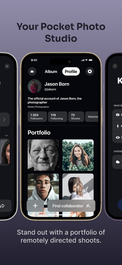 CLOS - Virtual Photoshoot - CLOS app screen showing a photographer profile with a professional portfolio and collaboration features