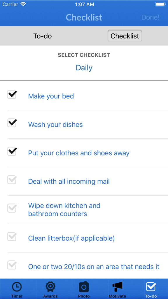 A daily housework checklist in the Unfilth Your Habitat app showing tasks like make your bed and wash your dishes.