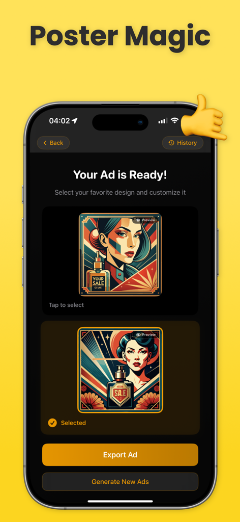 Poster Magicアプリで、エクスポート準備ができたAI生成広告デザインを表示するスマートフォンの画面
