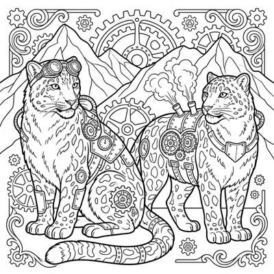 Unleash your creativity with this extraordinary coloring page featuring majestic snow leopards reimagined in a captivating steampunk style. Adorned with intricate gears and clockwork, these feline guardians of the peaks await your artistic touch.