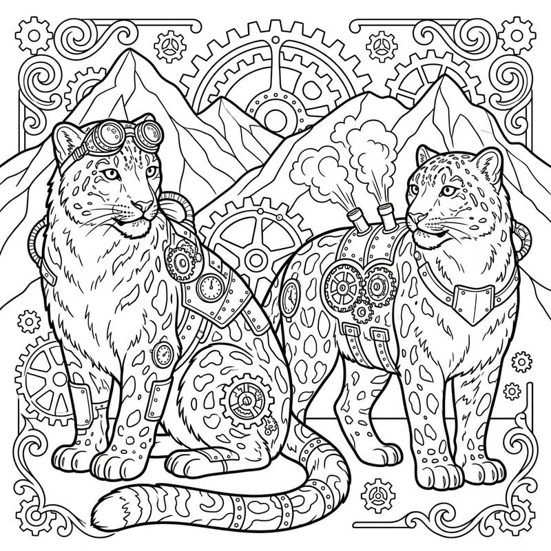 Unleash your creativity with this extraordinary coloring page featuring majestic snow leopards reimagined in a captivating steampunk style. Adorned with intricate gears and clockwork, these feline guardians of the peaks await your artistic touch.