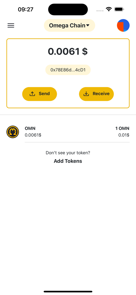 Omega Network app digital wallet dashboard showing token balance and transaction buttons
