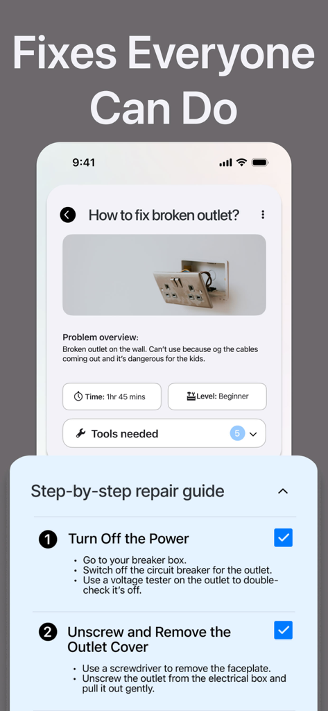 AI Repair: DIY Home Fix Guide - Interface of AI Repair app providing a step-by-step guide to fix a broken electrical outlet with safety checklists.