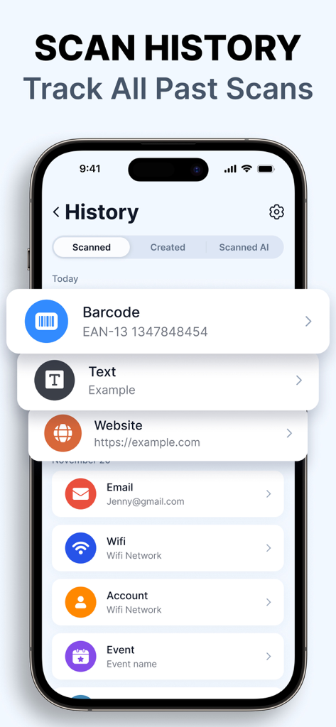 A mobile app screenshot showing the scan history manager with past records for barcodes websites emails and wifi networks