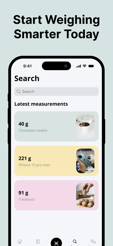 Schermata della cronologia delle misurazioni dell'app bilancia AI che mostra i pesi registrati per un biscotto, un iPhone e noci.