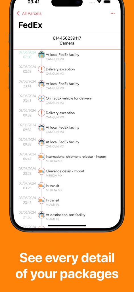 Find My Parcels - Detailed shipment history for a FedEx package within the Find My Parcels app showing various delivery statuses and locations.
