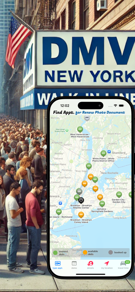 DMV NY Appointment - Mobile app screen showing a map of New York with color coded locations for available DMV appointments