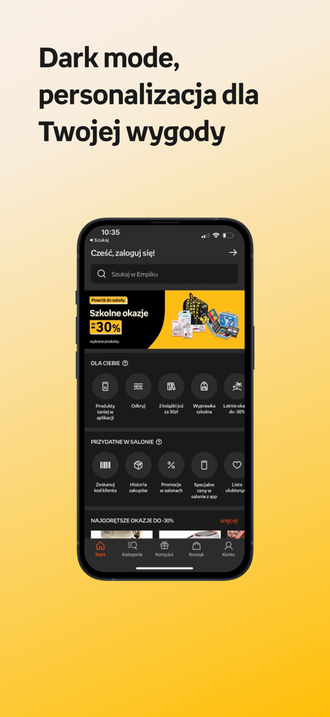 The Empik shopping app displaying its dark mode interface with personalized product recommendations and seasonal deals