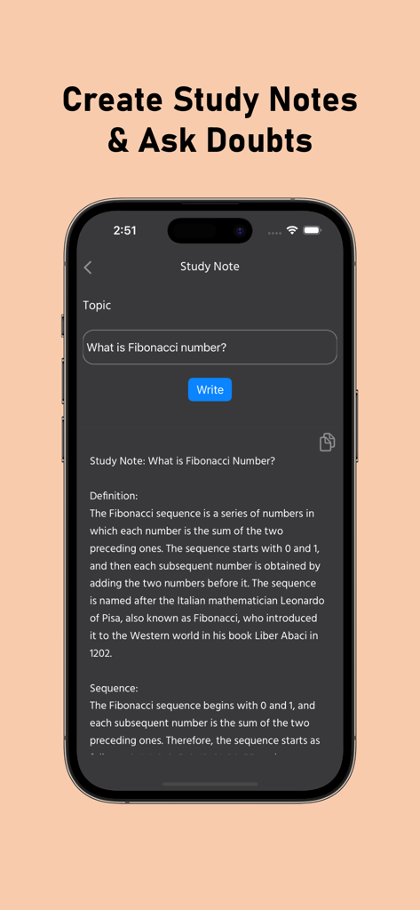 Interface do assistente de escrita de IA mostrando notas de estudo geradas sobre a sequência de Fibonacci