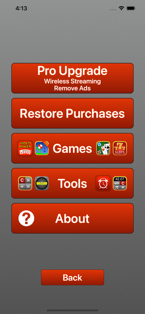 Megaphone app settings screen with options for pro upgrade and extra tools