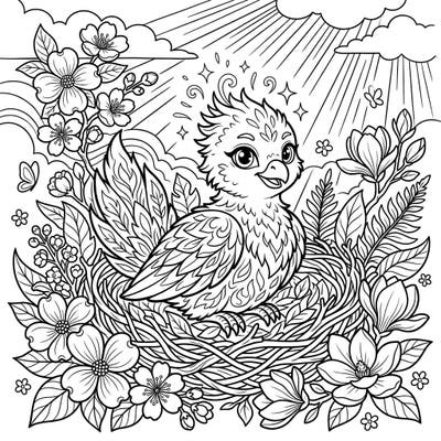 Celebrate renewal with this delightful coloring page featuring a cute phoenix hatchling surrounded by the beauty of spring. Discover blooming flowers, gentle sunshine, and a magical creature awaiting your vibrant colors.