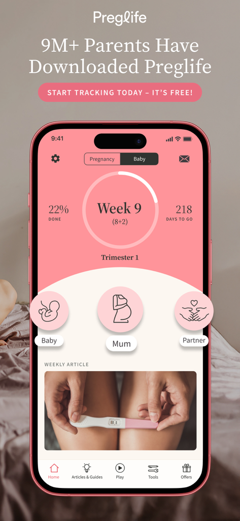 Panel de control de la aplicación de seguimiento del embarazo que muestra el progreso de la semana nueve con categorías de seguimiento para bebé, madre y pareja