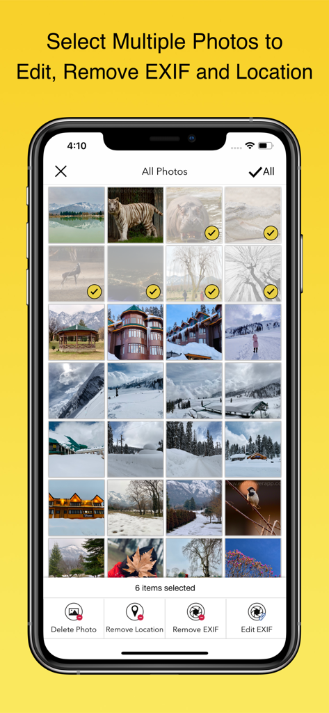 Interface de l'application EXIF ​​Viewer affichant plusieurs photos sélectionnées pour la suppression ou la modification en masse des métadonnées