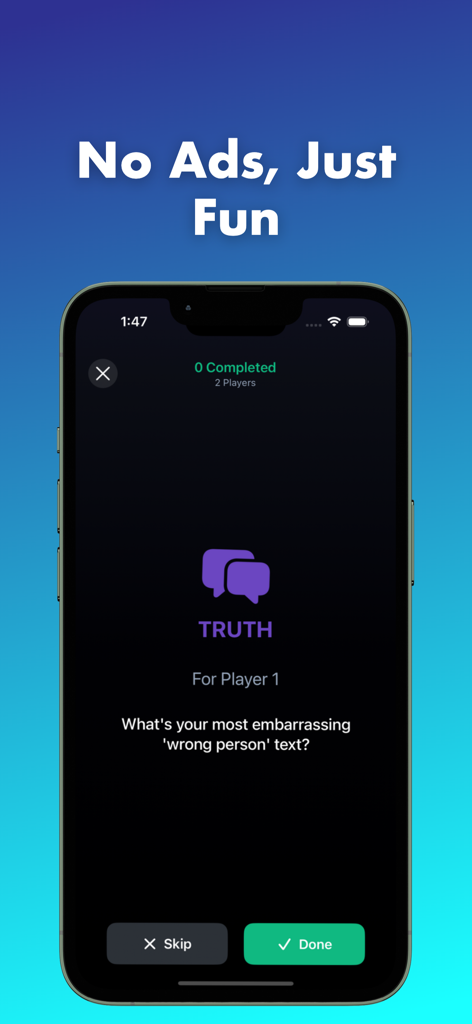Truth or Dare Adults Only - A truth question screen from the Truth or Dare Adults Only app showing an embarrassing text challenge