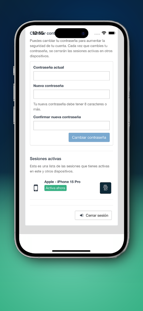 beResident - Smartphone screen showing beResident app security settings with change password form and active sessions list