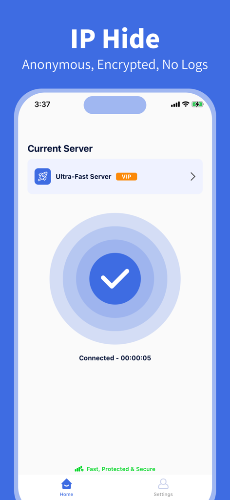 Top VPN - Fast & Secure VPN - Interface do aplicativo Top VPN mostrando uma conexão segura bem-sucedida a um servidor VIP ultrarrápido.
