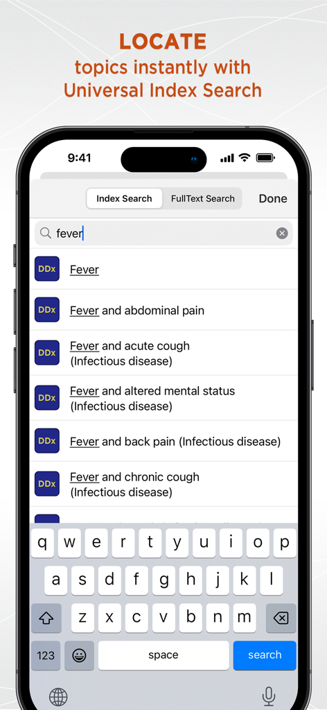 Diagnosaurus DDx app showing search results for fever symptoms