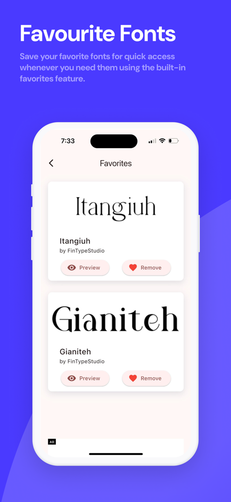 DaFonts - Fonts Downloader - Uma captura de tela móvel mostrando a tela de fontes favoritas do aplicativo DaFonts com opções para pré-visualizar e remover estilos de fonte específicos.