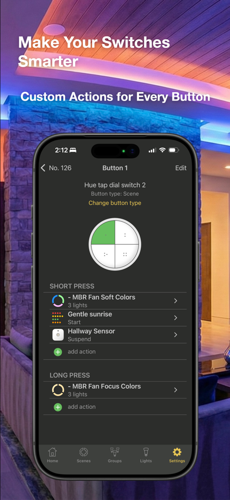Hue Lights app interface for configuring custom short and long press actions on a smart switch button