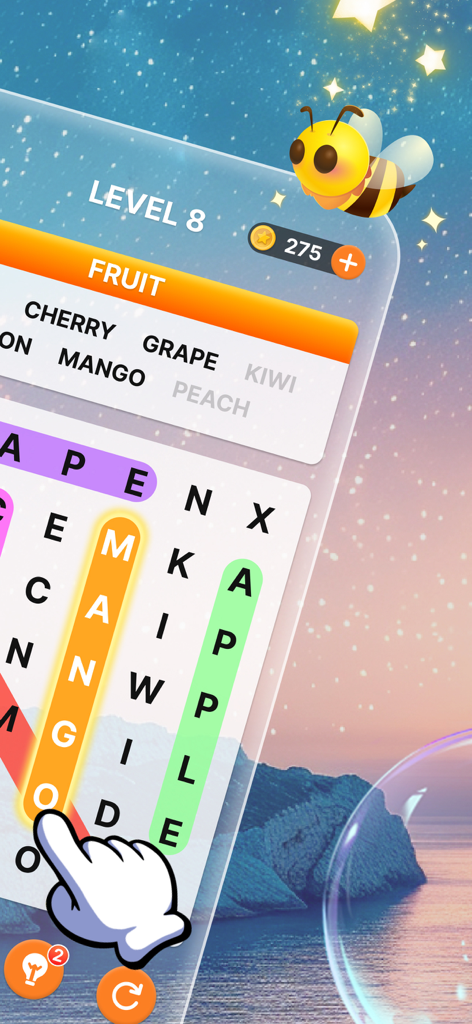 Word Search!-Word Puzzle Game - Mobile gameplay of a word search game showing fruit category words on a starry night background.