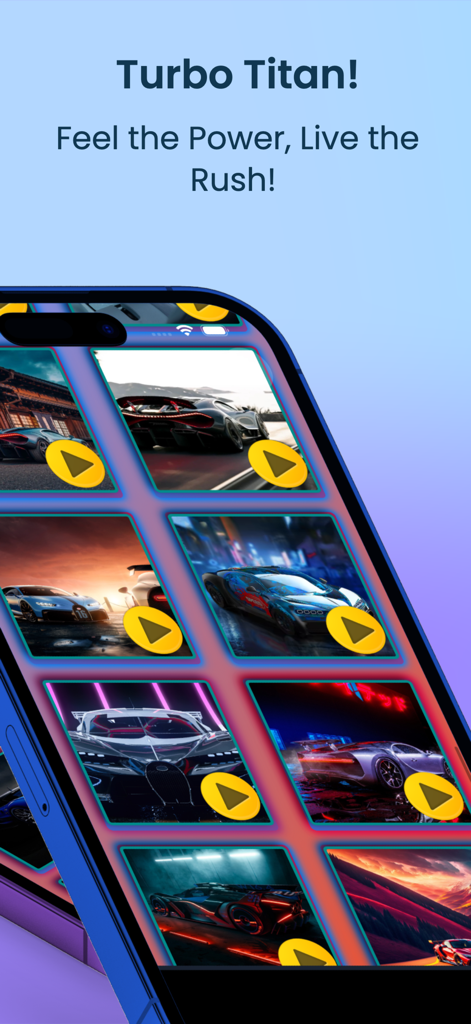 Bugatti Game - Pantalla de teléfono móvil mostrando una cuadrícula de diferentes rompecabezas de superdeportivos Bugatti Veyron con botones de juego