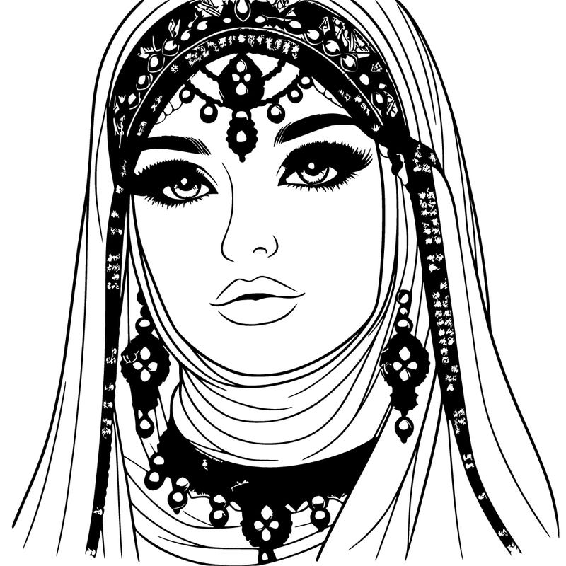 realistic woman with a veil covering her hair and mouth, muslim. the veil contains details with jewels. she has beautiful jewelry.