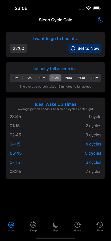 Interfaccia di Sleep Cycle Calc che mostra gli orari di risveglio ideali basati sui cicli di sonno.