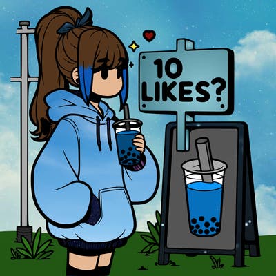girl with oversized hoodie drinking boba and she has a high ponytail with a sign that says 10likes?