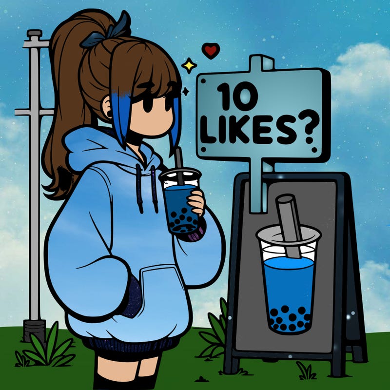 girl with oversized hoodie drinking boba and she has a high ponytail with a sign that says 10likes?