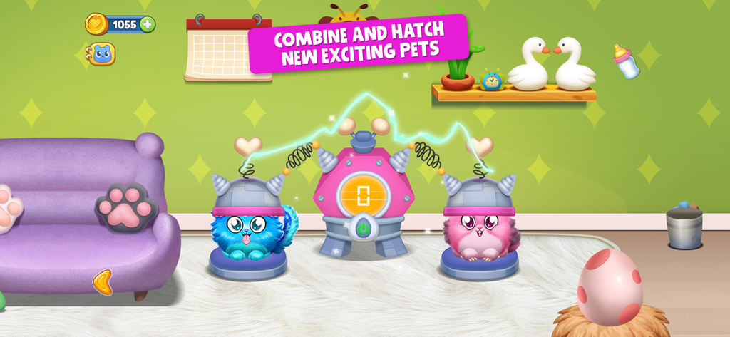 Two colorful virtual pets being combined in a machine to hatch a new pet egg