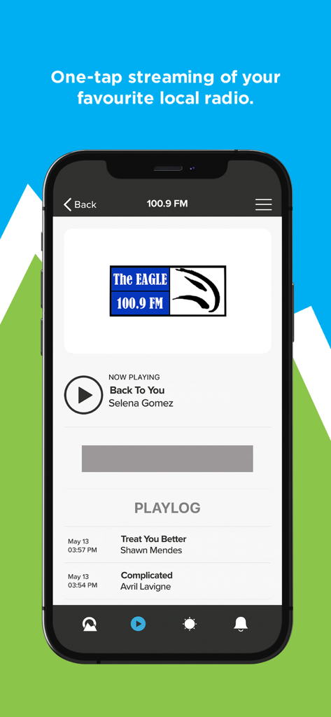 OkotoksOnline - OkotoksOnline mobile app screen showing the radio streaming interface for The Eagle 100.9 FM