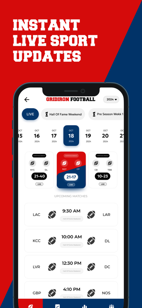Streameast app interface showing live football scores and upcoming match schedules for gridiron football