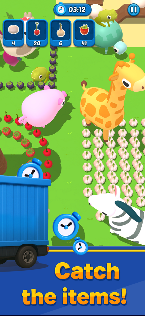 Hole Express: Black Hole Game - Hole Express gameplay screen showing a giraffe and other animals on a field with food items and a delivery truck