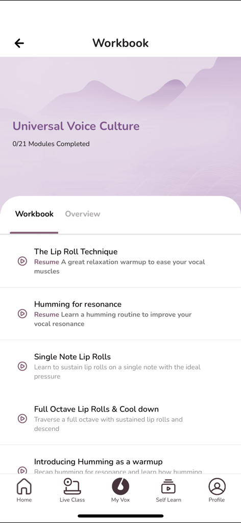 VoxGuru - VoxGuru app workbook showing vocal culture training modules and progress tracking.