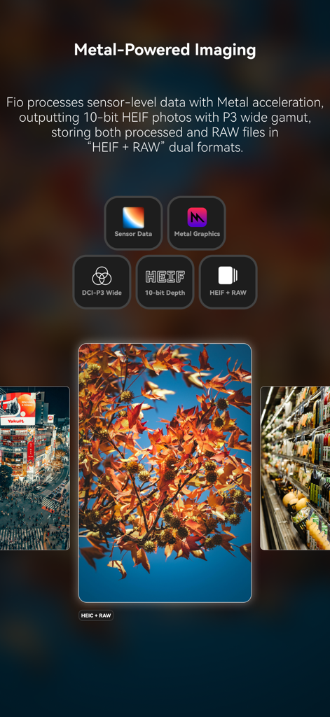 Fio Cam ：Zero-Process Film Cam - Interfaz de Fio Cam mostrando especificaciones técnicas para imágenes potenciadas por Metal y formatos de foto de alta calidad