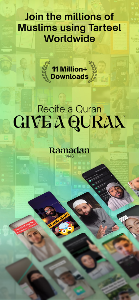 Promotional image for Tarteel AI Quran Memorization app showing 11 million downloads and global community for Ramadan 1446