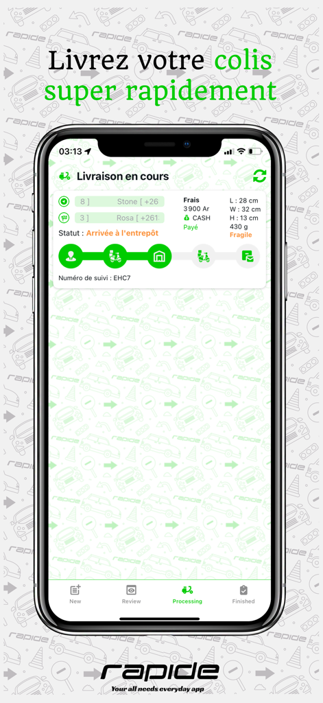 Rapide App - Écran mobile de Rapide App montrant le suivi et le statut des livraisons de colis en temps réel à Madagascar.