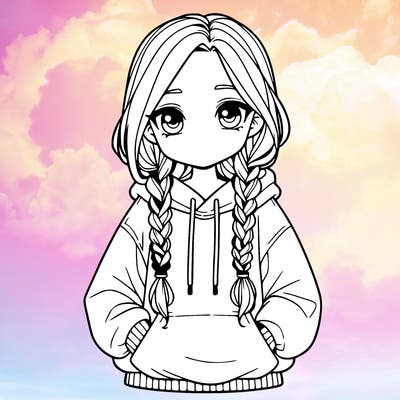 a realistic girl with a oversized hoodie and she has braids
