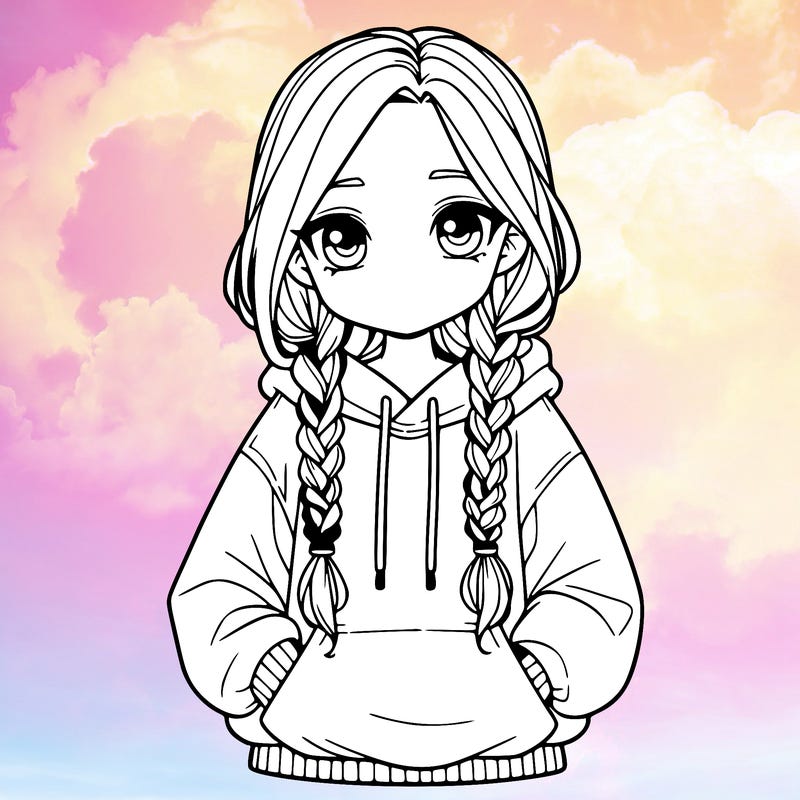 a realistic girl with a oversized hoodie and she has braids