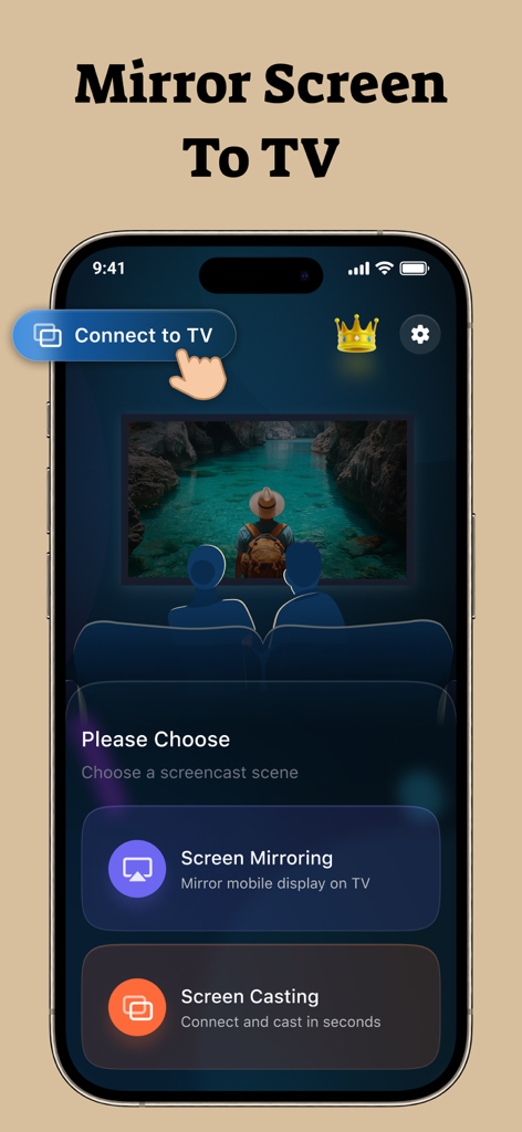 AirPlay : Screen Mirroring - Interface de um aplicativo de espelhamento de tela em um iPhone mostrando opções para conectar e transmitir para uma smart TV